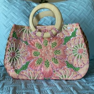 Nordstrom Beaded Ratan Wooden Handle Handbag